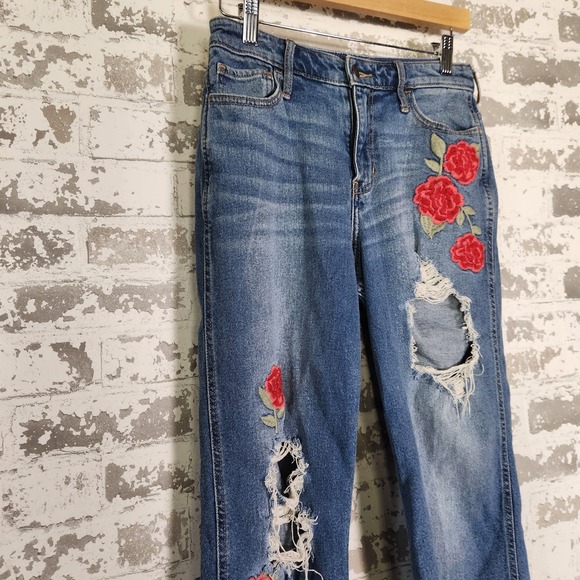 Hollister High Rise Slim Straight Jeans Women 5R Rose Embroidered Distressed - Picture 4 of 16